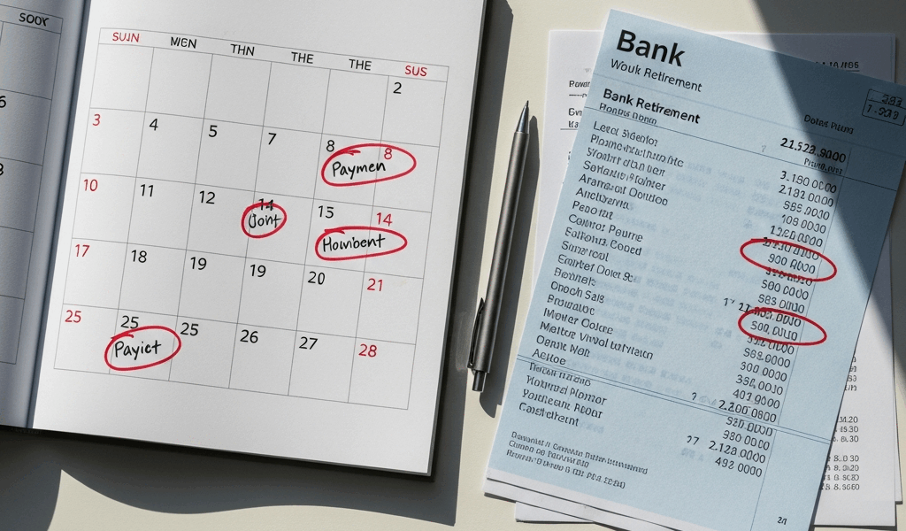 calendar and bank statement on a desk showing payment dates 20260331 100919