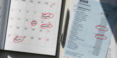 calendar and bank statement on a desk showing payment dates 20260331 100919