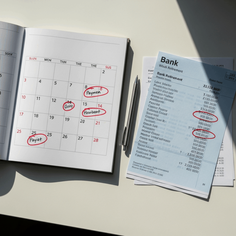 calendar and bank statement on a desk showing payment dates 20260331 100919