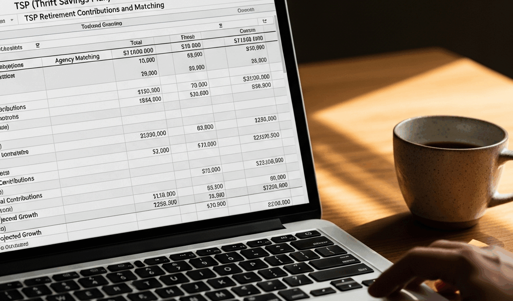 financial planning spreadsheet on laptop screen showing tsp 20260331 100823