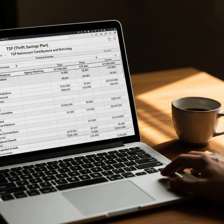 financial planning spreadsheet on laptop screen showing tsp 20260331 100823