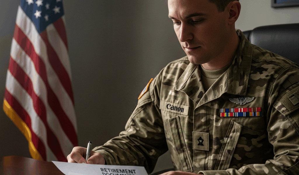 military service member in uniform reviewing retirement docu 20260331 100739