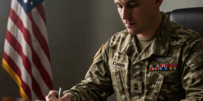 military service member in uniform reviewing retirement docu 20260331 100739