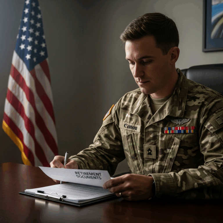 military service member in uniform reviewing retirement docu 20260331 100739