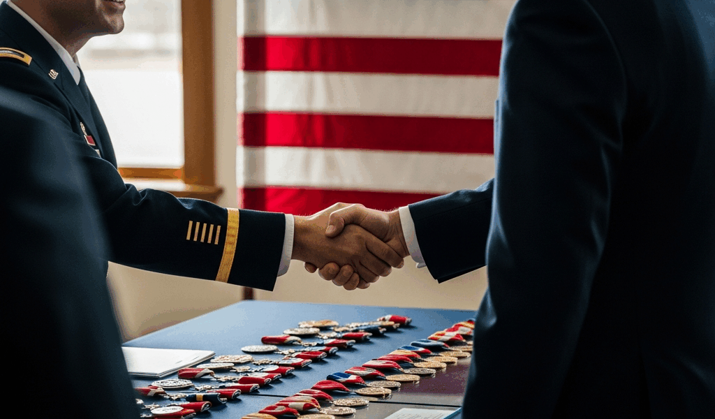military retirement ceremony, American flag, service medals