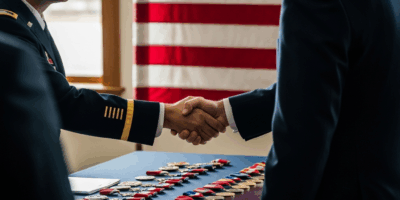 military retirement ceremony, American flag, service medals