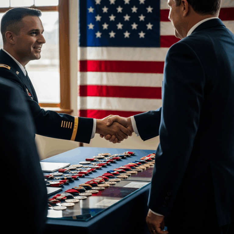 military retirement ceremony, American flag, service medals